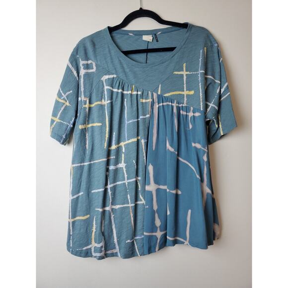 Akemi Kin Anthropologie Women Top Small Blue LIGHT STREAKS Flowey Short Sleeve - Picture 2 of 12